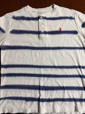 Polo Ralph Lauren White Henley Tee with Navy Stripes & Red Pony